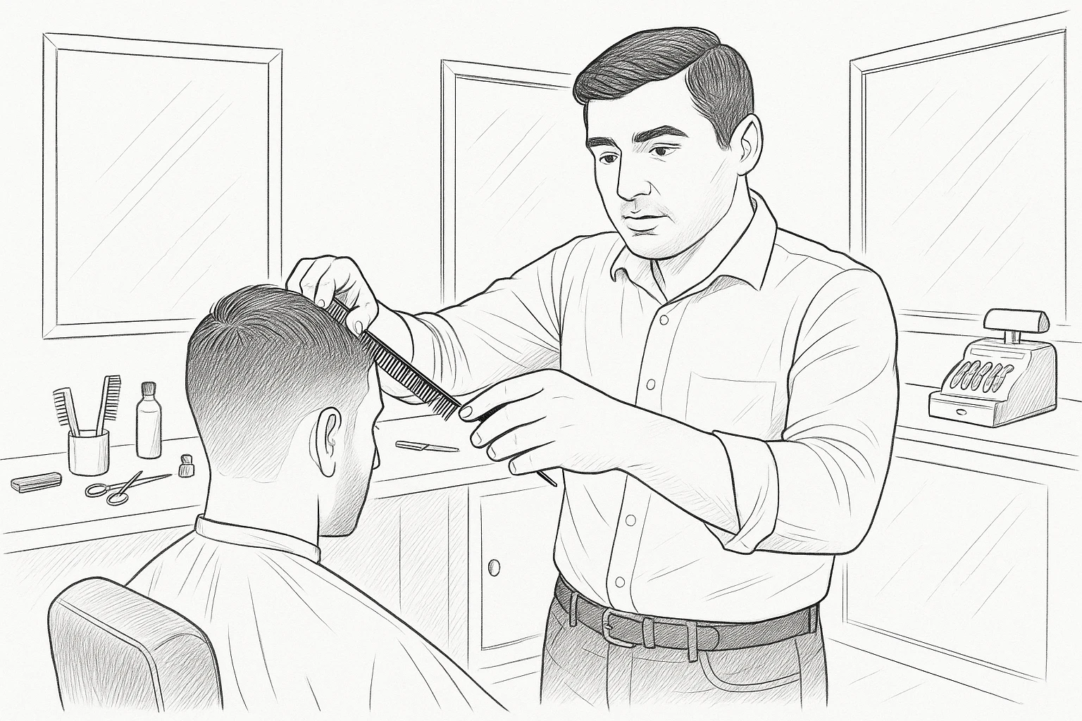 Draw me a sketch of the barbershop, but make sure there's a cash register there. emoji