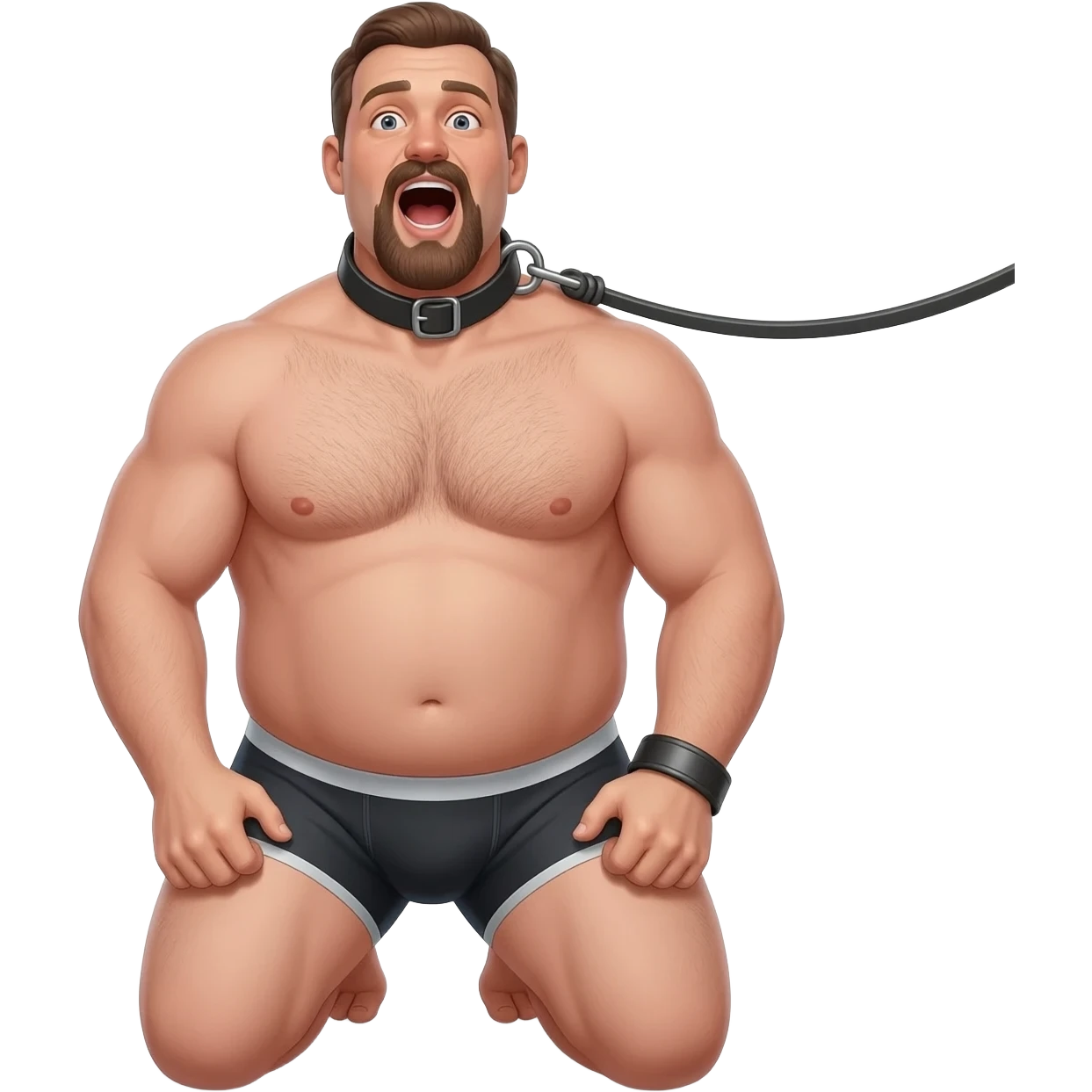 Bald stocky 35 year old man with mouth open wide on his knees with mustache and beard in underwear and slightly hairy chest in a collar and leash controlled by 2 taller men in jeans emoji