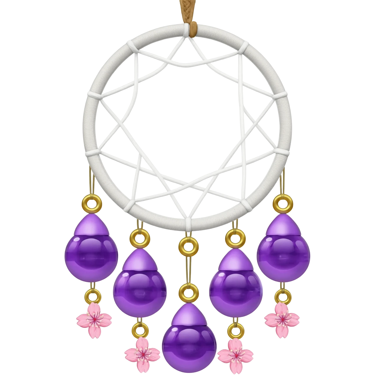 A white-wooden-circle-framed Dreamcatcher. with purple-round-orbs, gold-rings hanging down. purple flowers, pink sakura flowers, emoji