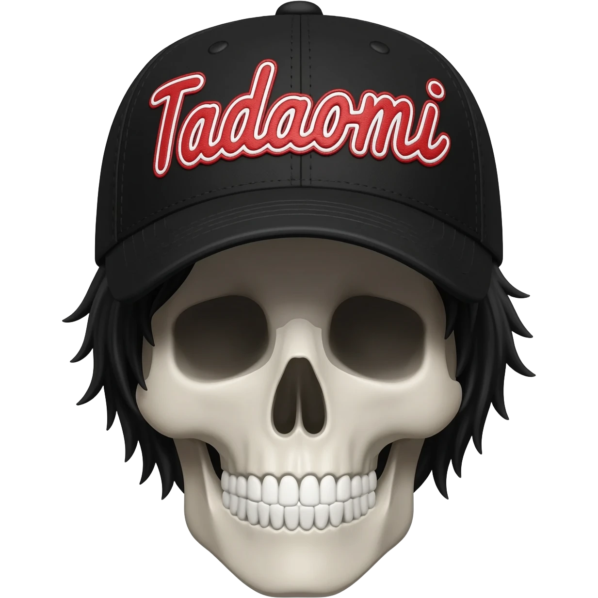 Create a skeleton head wearing a black baseball cap that says " Tadaomi " in red, and white lettering, with black hair emoji