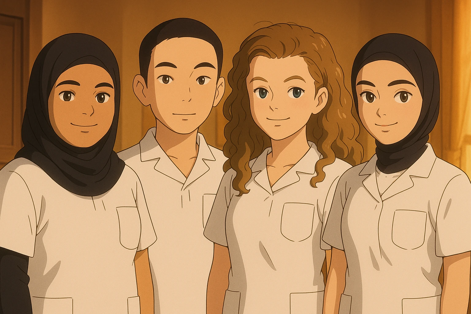 Four nursing students standing side by side in a warm indoor ambiance, wearing white short-sleeved medical tunics with V-neck collars and left chest pockets, no undershirts or stethoscopes, in Ghibli style. emoji