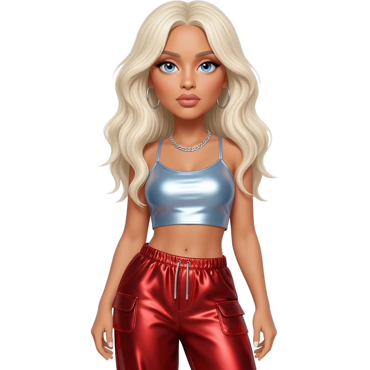 Christina Aguilera with blue eyes, long platinum blonde hair, light steel blue metallic crop top, red metallic baggy pants, silver necklace emoji