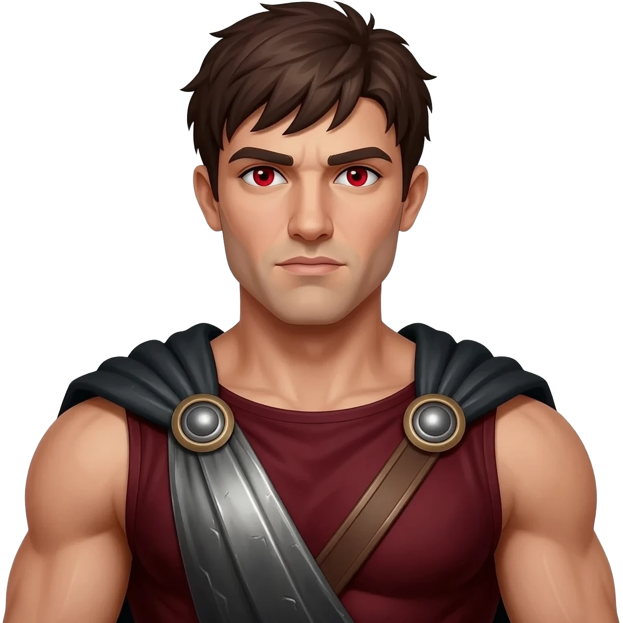 Ares from Greek Mythology with red eyes, dark brown hair, dark red metallic tunic, black metallic toga emoji
