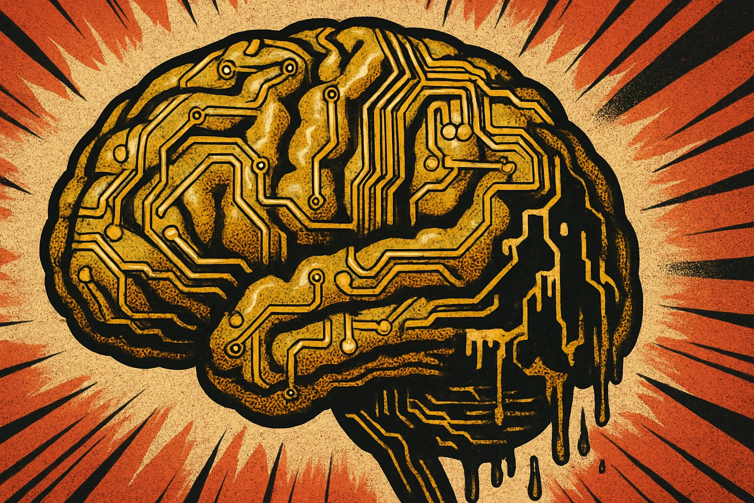 human brain constructed from golden circuitry, with parts melting and glitching, evoking sabotage, old school comic book style, 16:9 aspect ratio emoji
