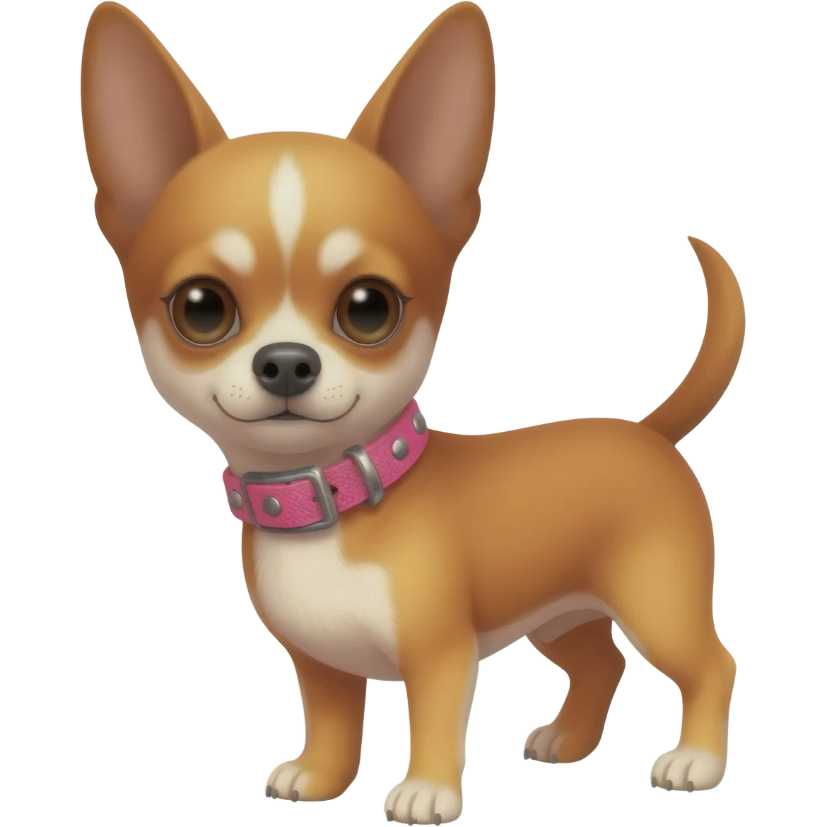 Little cute brown and tan applehead chihuahua witqh a pink motorcycle collar emoji