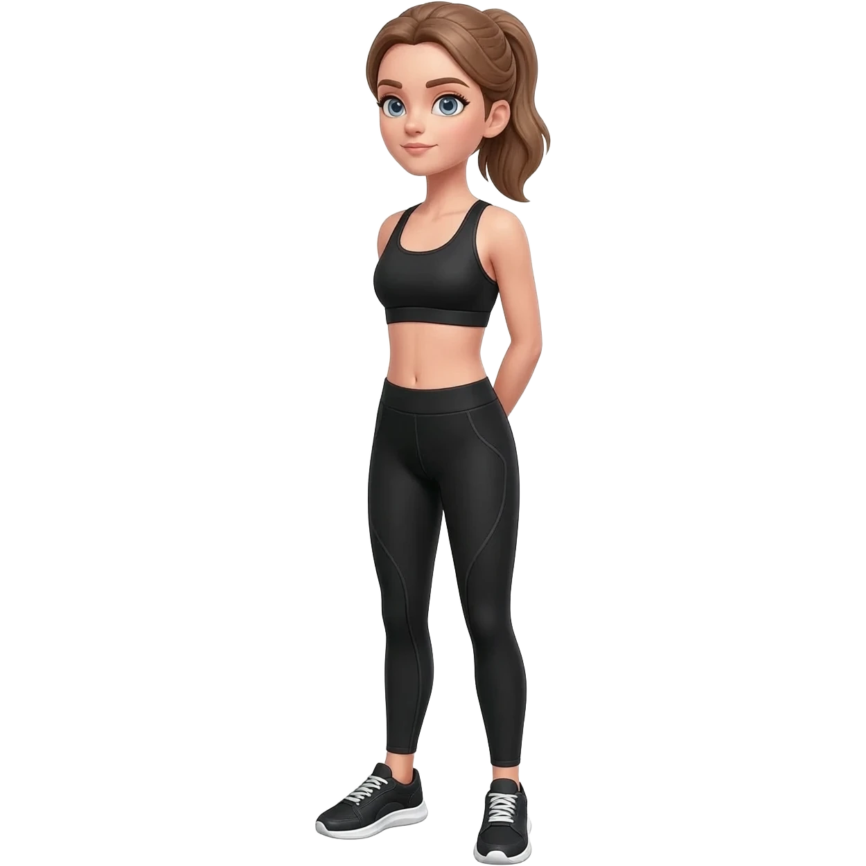 upper back stretch after desk work, fair-skinned woman, gray-blue eyes, ash brown brows, ash light brown hair tied back, slim athletic body, black workout set, black sneakers with white soles emoji