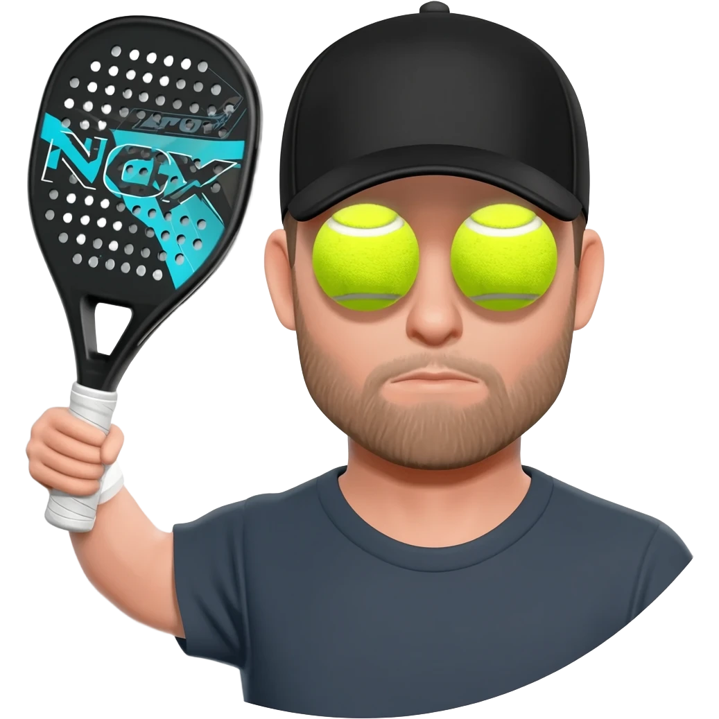 make a circular imogi of man with NOX padel bat with tennis balls as eyes and wearing a cap with black  top make circular emoji