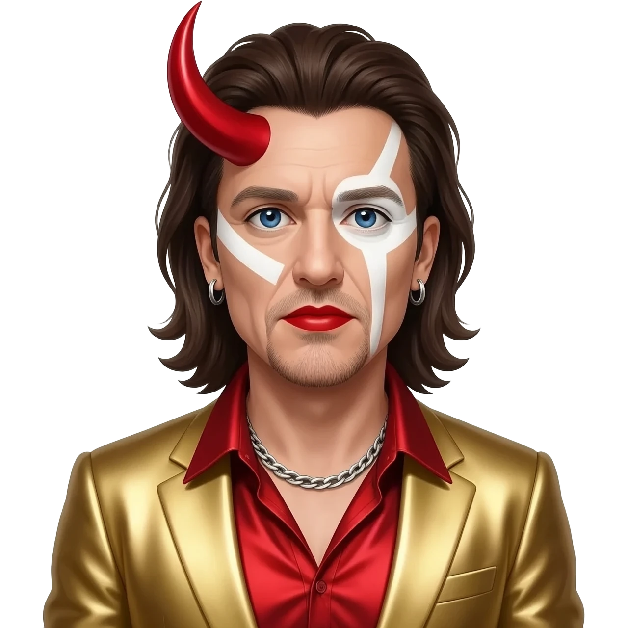 Bono with blue eyes, long dark brown hair, red metallic dress shirt, gold metallic suit jacket, silver necklace and short earrings, red devil horn, white face paint, red lipstick emoji
