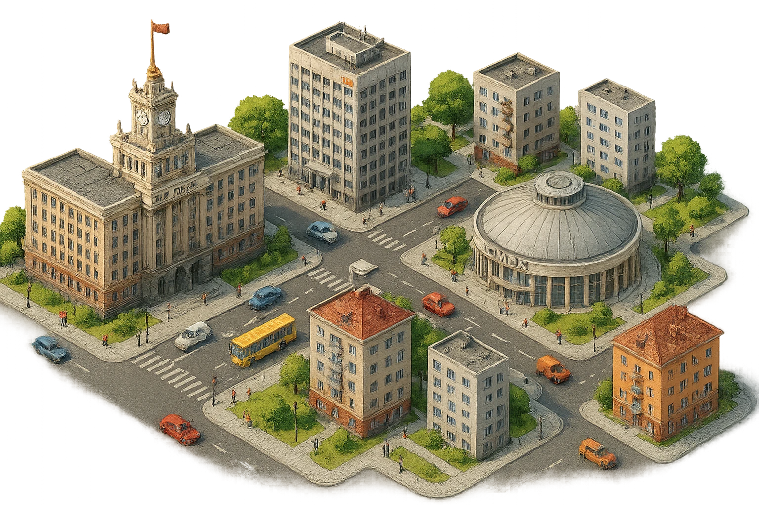 Изометричная чёткая миниатюрная фотореалистичная 3D модель панорамы Челябинска — НИУ ЮУрГУ, Здание управления Челябэнерго, Челябинский цирк, дома, люди, автотранспорт. Вид сверху в изометрии, яркие цвета, прозрачный фон, компактная композиция. emoji