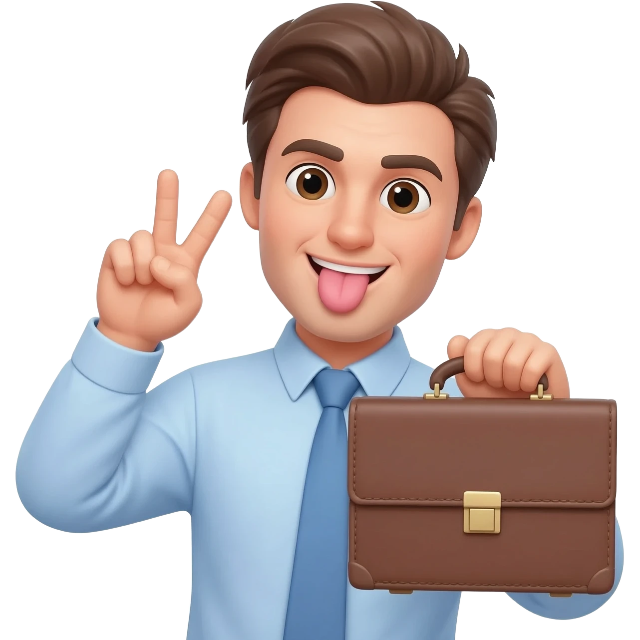 in apple style a man with tongue-out silly face like 😜, wearing a light blue dress shirt with a simple tie. One hand is making a peace sign gesture while the other holds a brown briefcase 💼. emoji