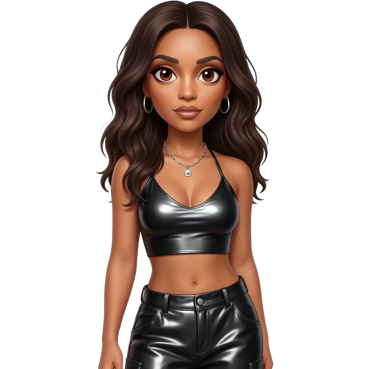 Aaliyah with brown eyes, long dark brown hair, black metallic halter crop top, black metallic baggy pants, silver necklace emoji