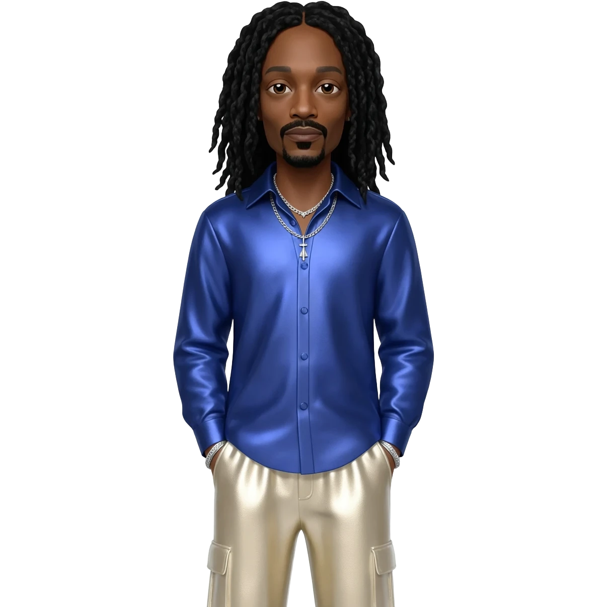 Snoop Dogg with long black hair, indigo metallic shirt, cream metallic baggy pants, silver necklace emoji
