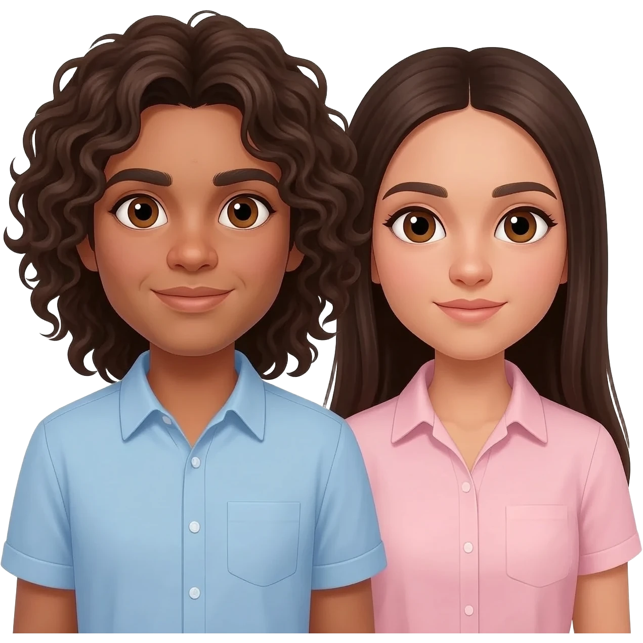 two friends both brown eyes one wavy curly brunette long hair toast skin light blue shirt. Other has long dark brown straight hair natural skin tone and light pink shirt emoji
