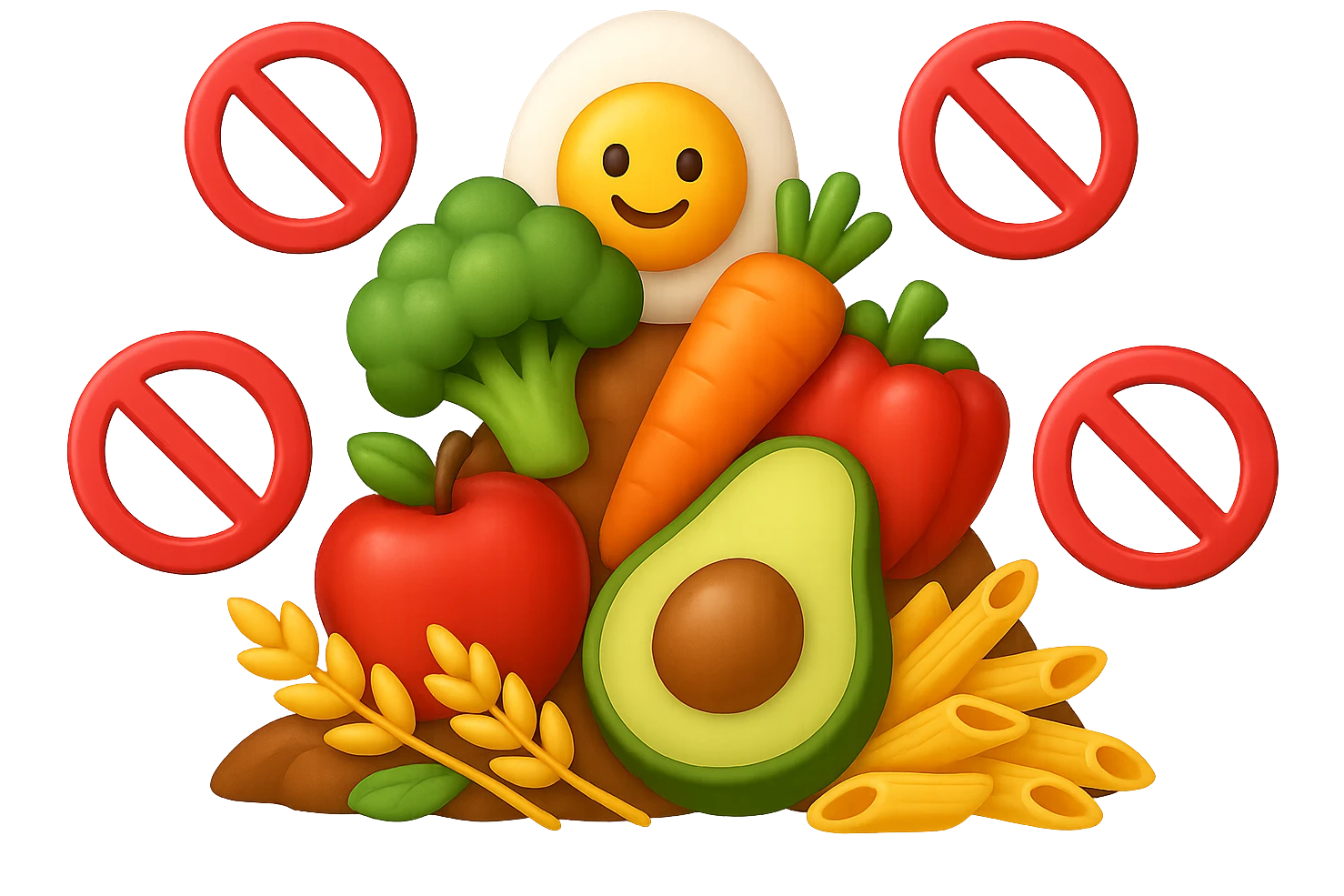 EMOJI STILE IPHONE DI UNa montagna di cibo sano con divieti 3d sparsi, IPERREALISTICO 4K emoji