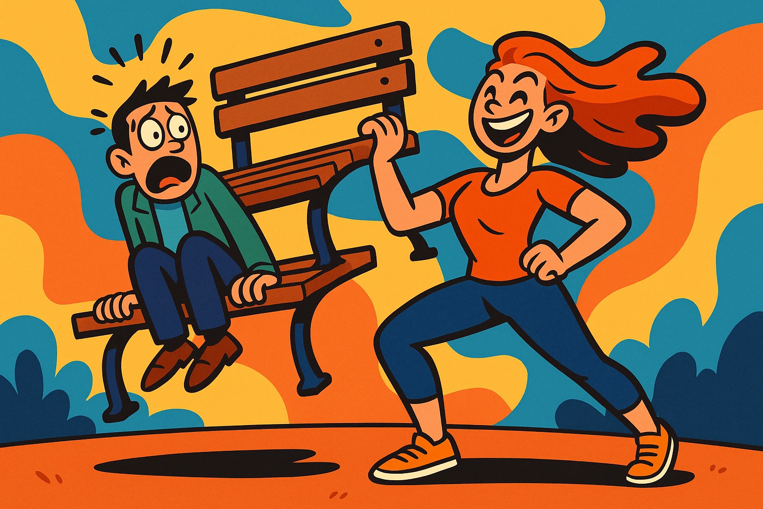 A fun and expressive scene of a woman holding a bench while a scared man sits on it, vibrant cartoon style, colorful and dynamic emoji
