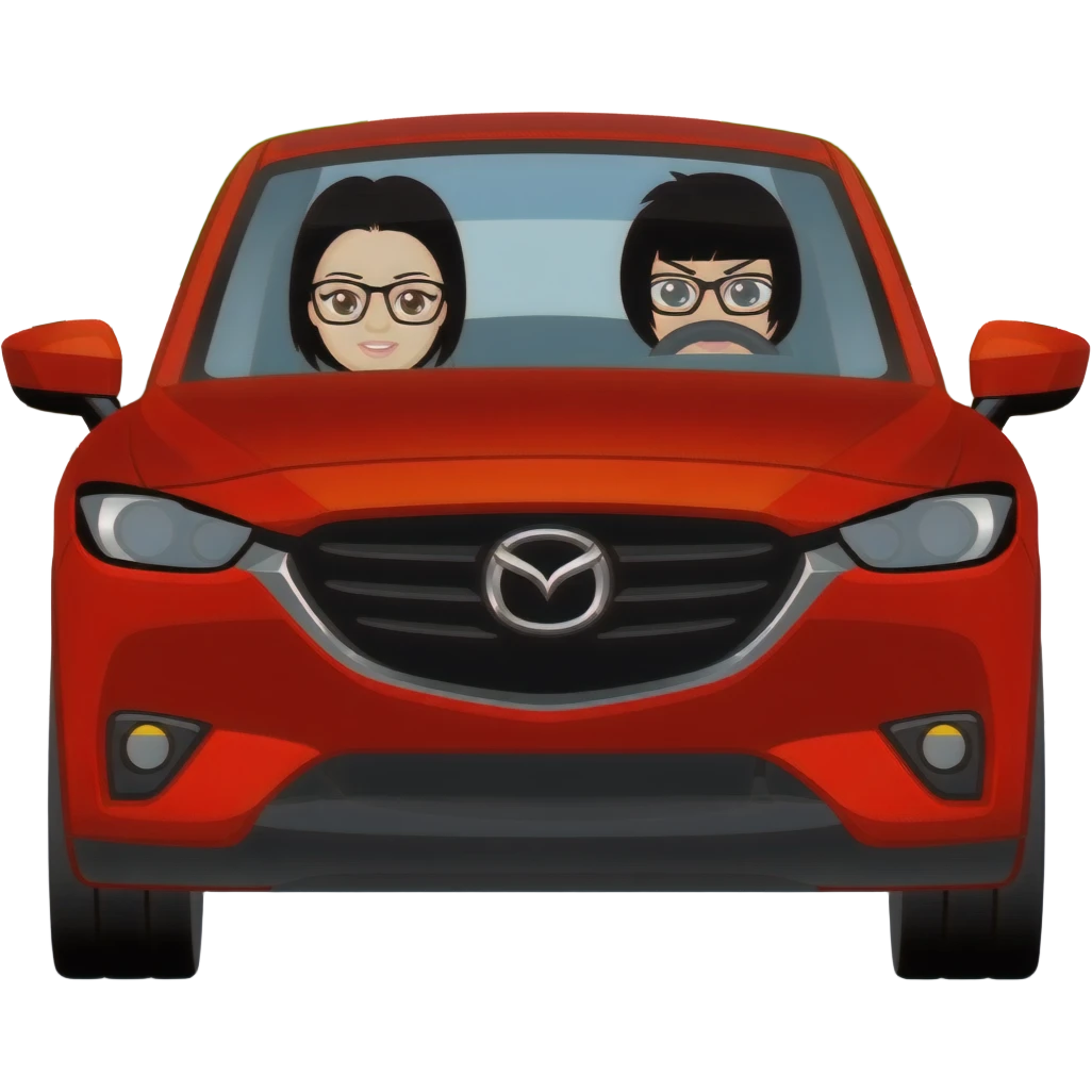 camioneta mazda cx 5 roja con una conductora mujer con lentes, cabello negro y un copiloco de pelo corto negro y lentes, todo en caricatura sobre una avenida principal con paisaje verde emoji