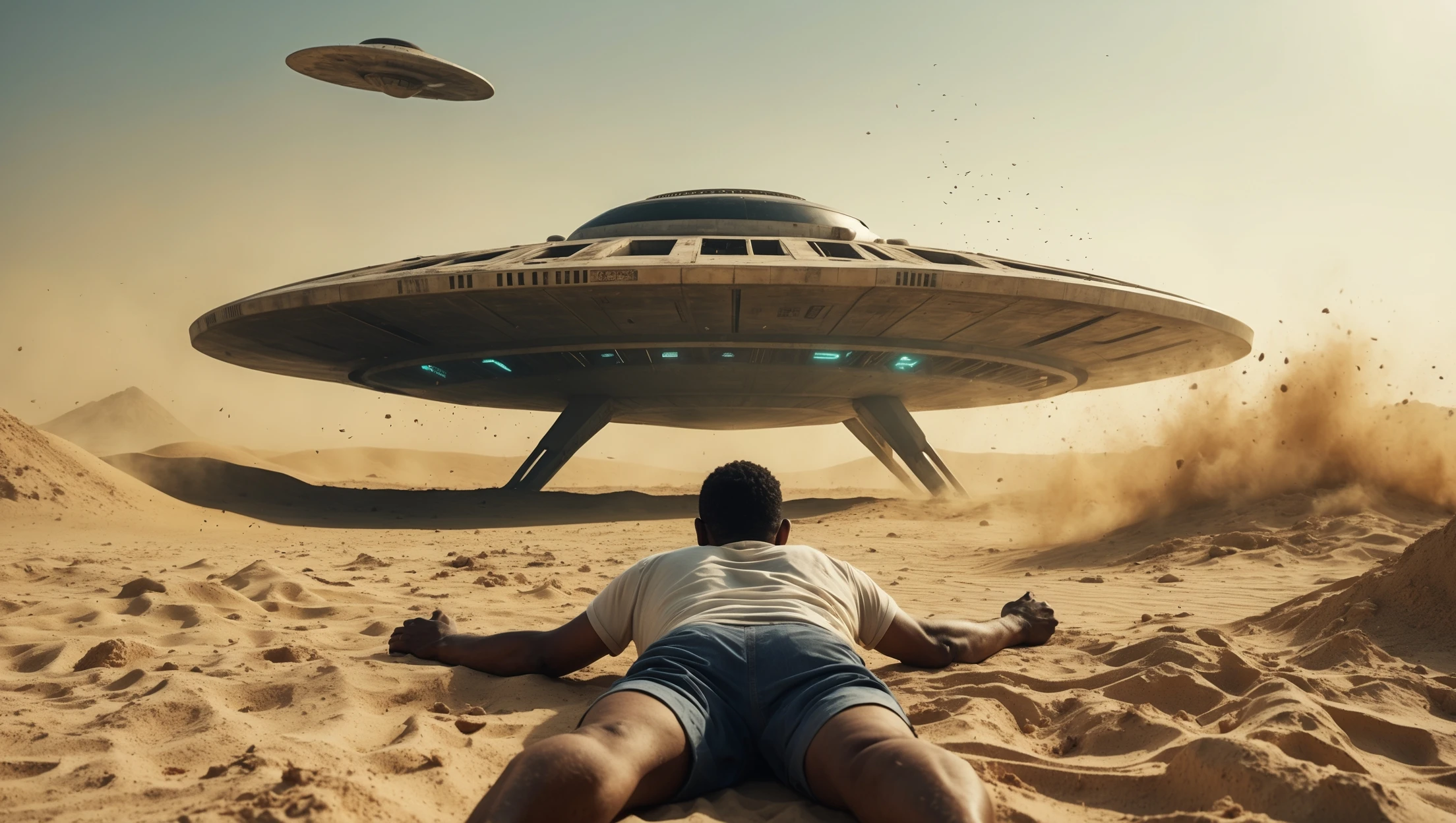 cinematic still, documentary photography, acient egypt, back shot of a man on ground laying front of ufo starship, sand flying around, dynamic scane, leading lines, captured by arri alexa emoji