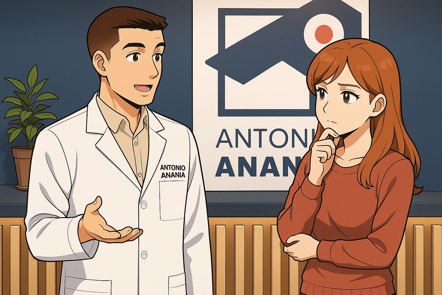 su questo stile fai un manga/webtoon a colori in cui una donna SI TOCCA IL MENTO CON L'INDICE MENTRE ASCOLTA PENSIEROSA L'UOMO, l'uomo della foto in stile manga LE SPIEGA CHE DEVE PROVARE LA SUA VALUTAZIONE MEDICA, mantieni un ambiente simile alla foto che ho allegato con il suo logo (sarebbe il suo studio, lui è un kinesiologo), scrivigli "ANTONIO ANANIA" sul camice bianco, non mettere fumetti, ma fai in modo che sembri che la donna ASCOLTI l'uomo emoji