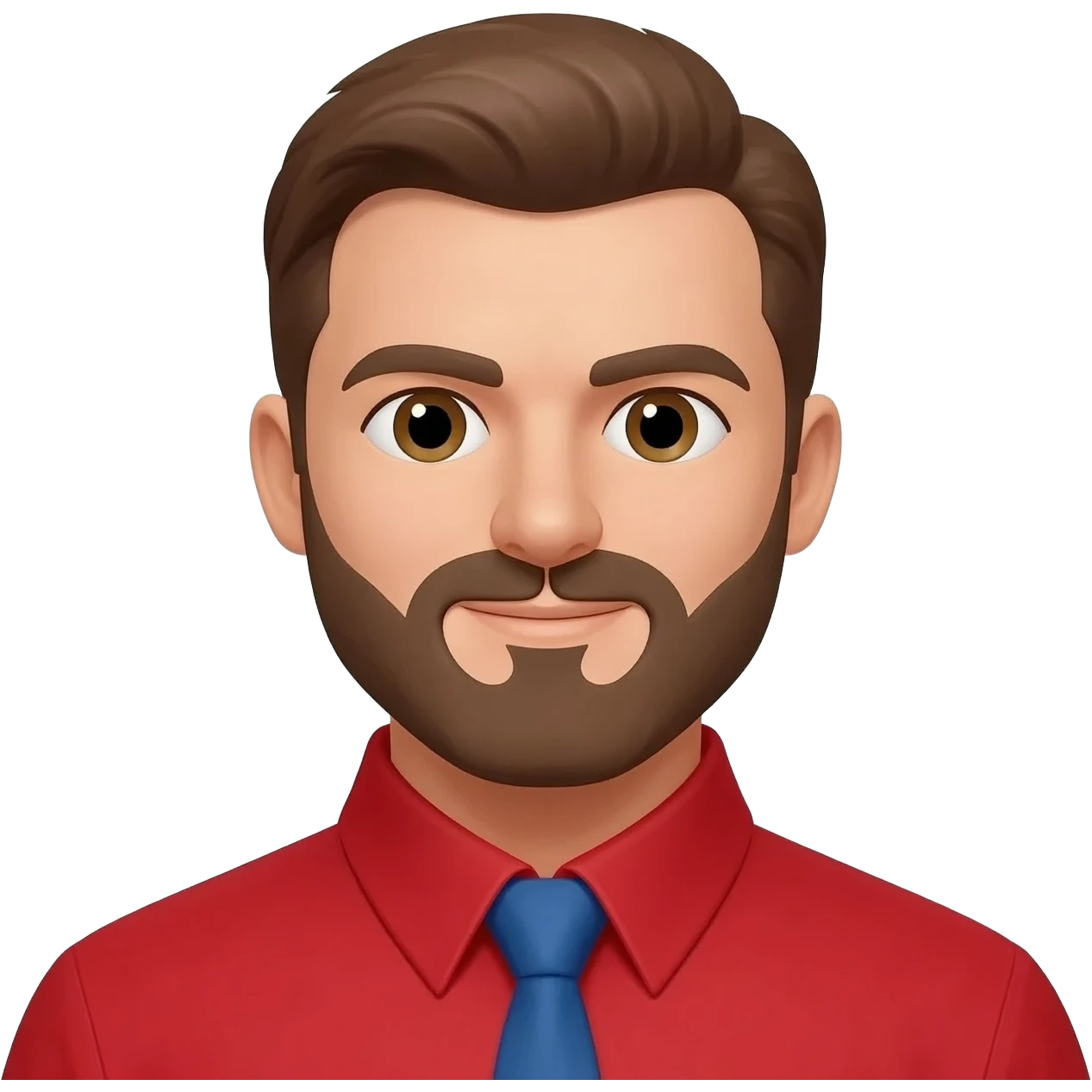 A white man with brown hair on the side of his head and back of his head, brown moustache with a circular shaped nose, and a red shirt with a blue tie emoji