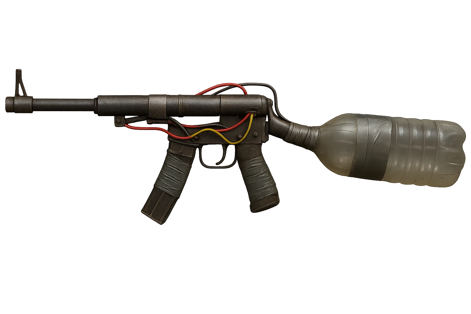 Remove the background, keep only the realistic improvised rifle made from pipes and plastic bottles, featuring duct tape, exposed wiring, and a bottle used as a stock, in a gritty survivalist style, with a transparent background. emoji