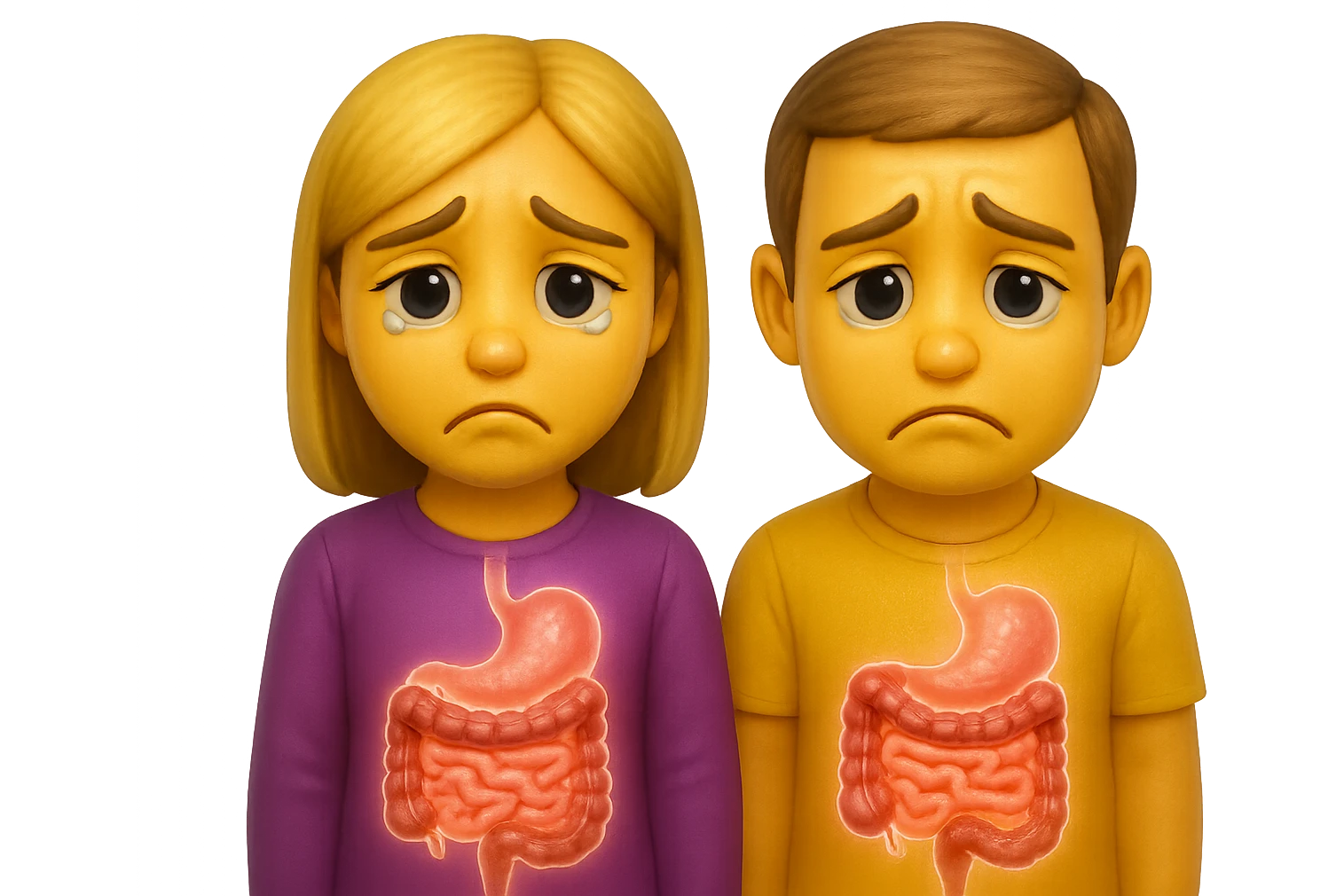 emoji stile iphone di un uomo e una donna con espressione triste ed intestino in evidenza, iperrealistico 4k emoji