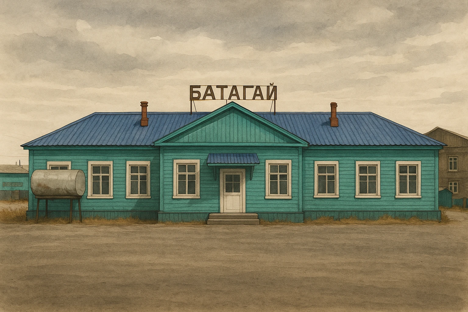 Используя эту стилистику, сгенерируй фотореалистичную картинку  домика с надписью Батагай emoji