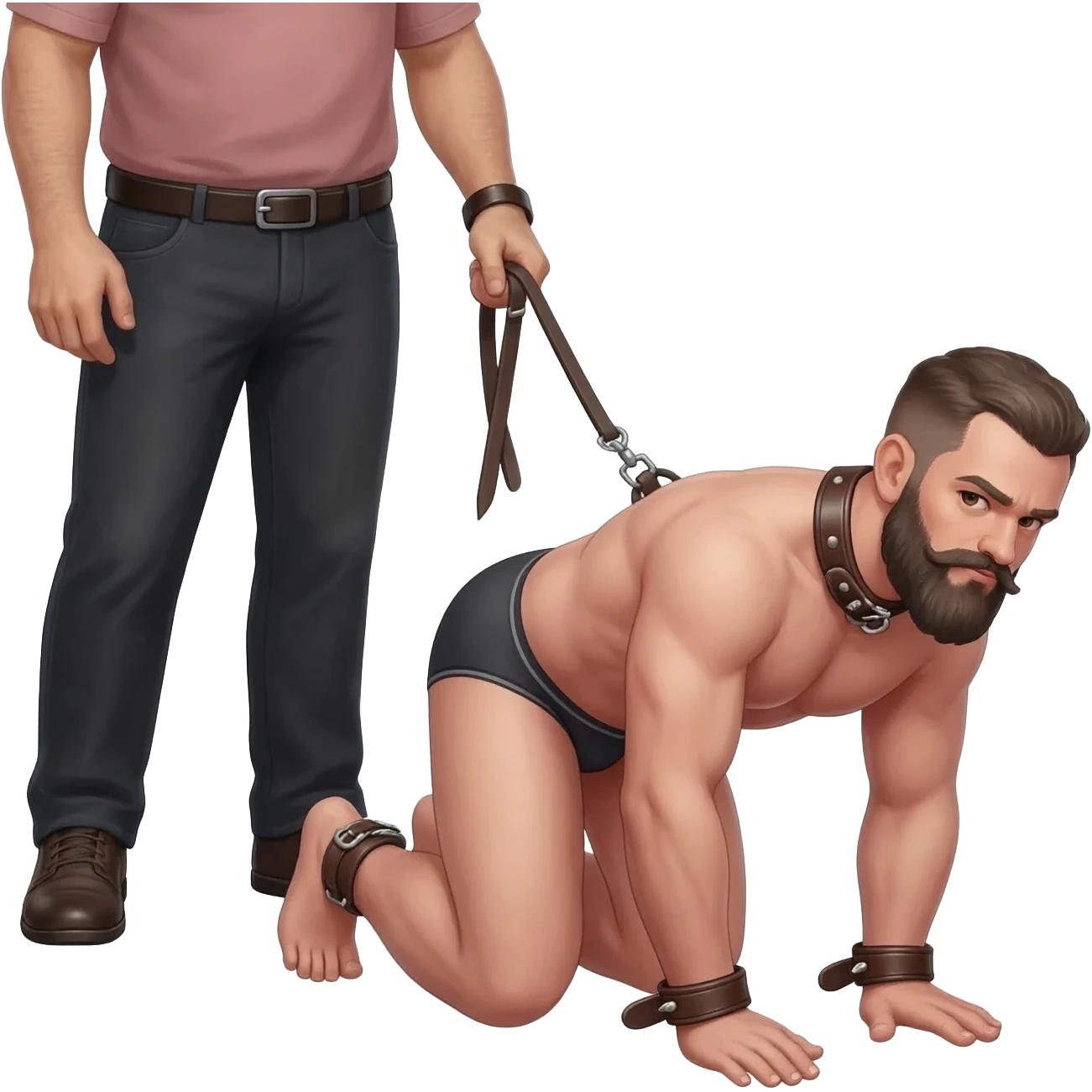 bald stocky bearded man in underwear and a leather collar stands on all fours controlled by a bigger man holding his leash emoji