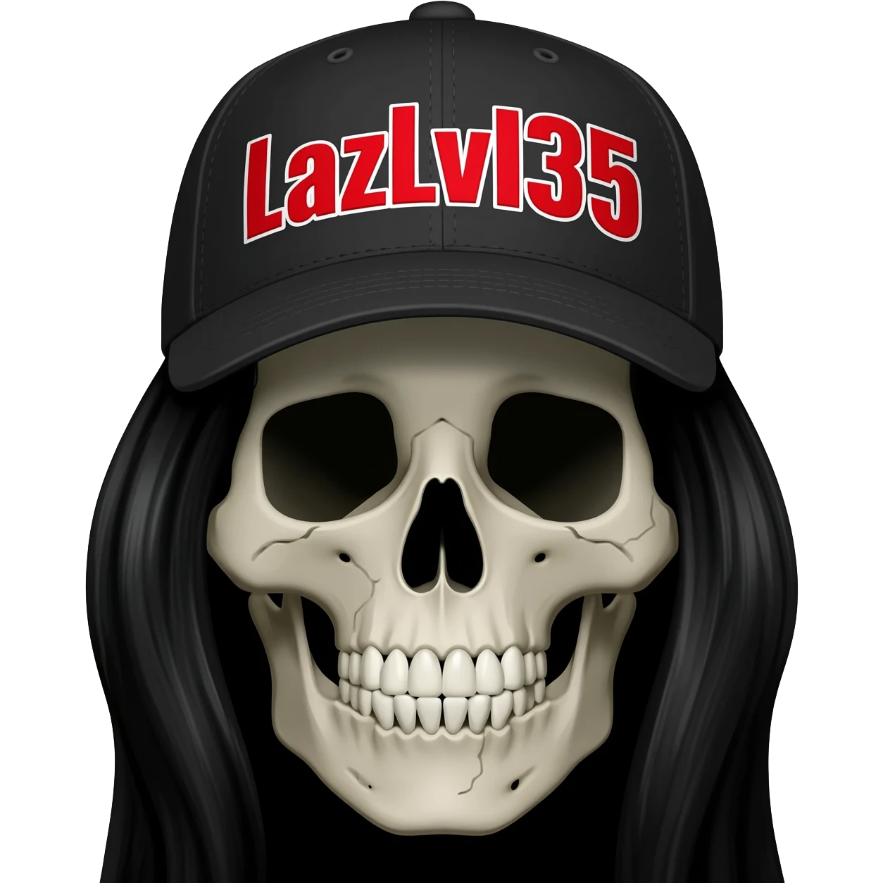 A skullhead thats wearing a black baseball cap with the words "LazLvl35" in red and white with long black hair emoji