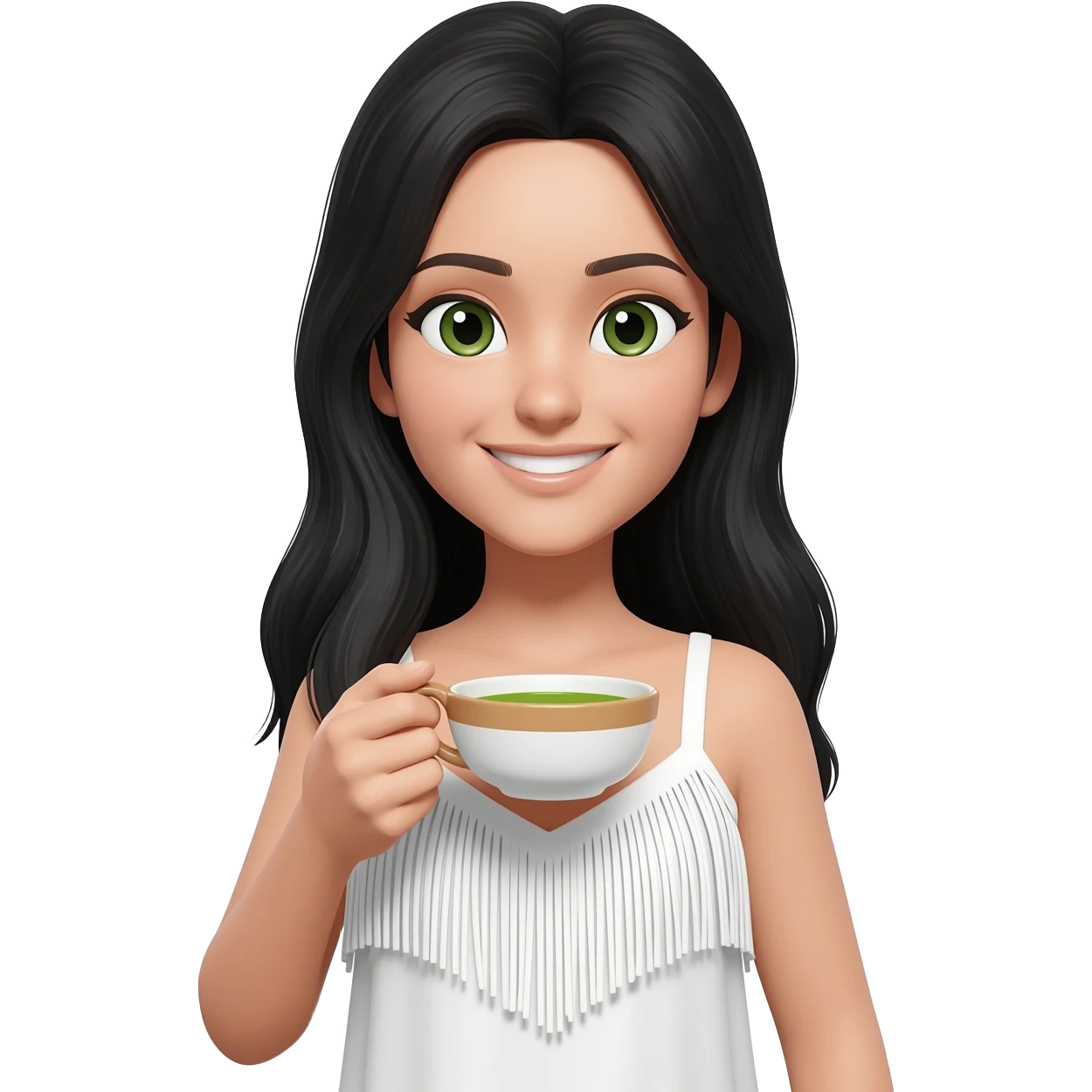 beautiful woman curtain fringe 30 years white skin drink matcha black long hair green and brown eyes white dress and smile emoji