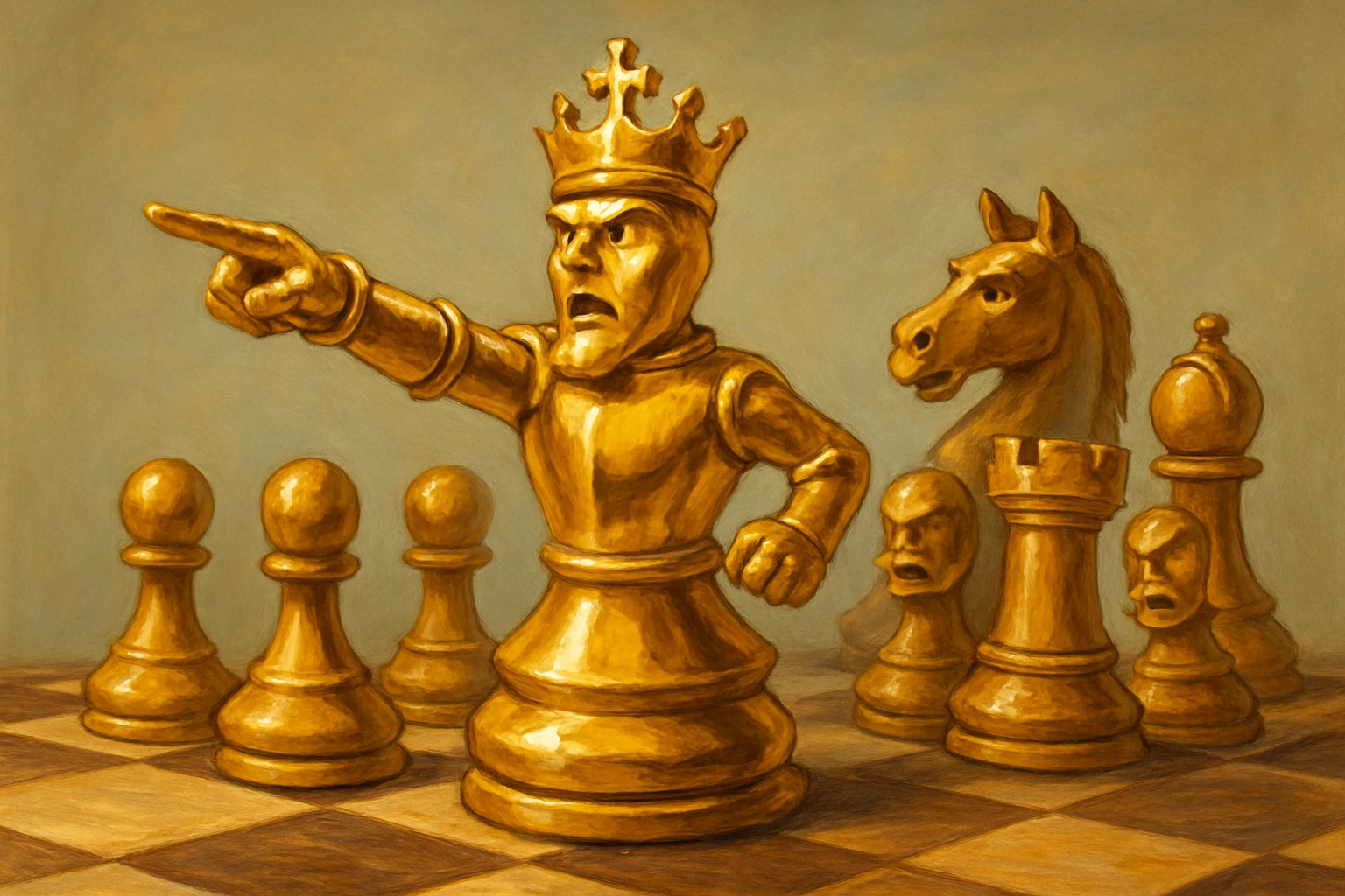 В cлегка рисованной, но при этом объемной, яркой и фотореалистичный стилистике сгенерируй картинку где по центру стоит шахматный король сделанный из качественного золота, он указывает пальцем в даль как военноначальник, а рядом фигуры пешек, конь, ладья, слон идут в атаку, на полу виднеется шахматная доска, фон позади фигур однотонный emoji