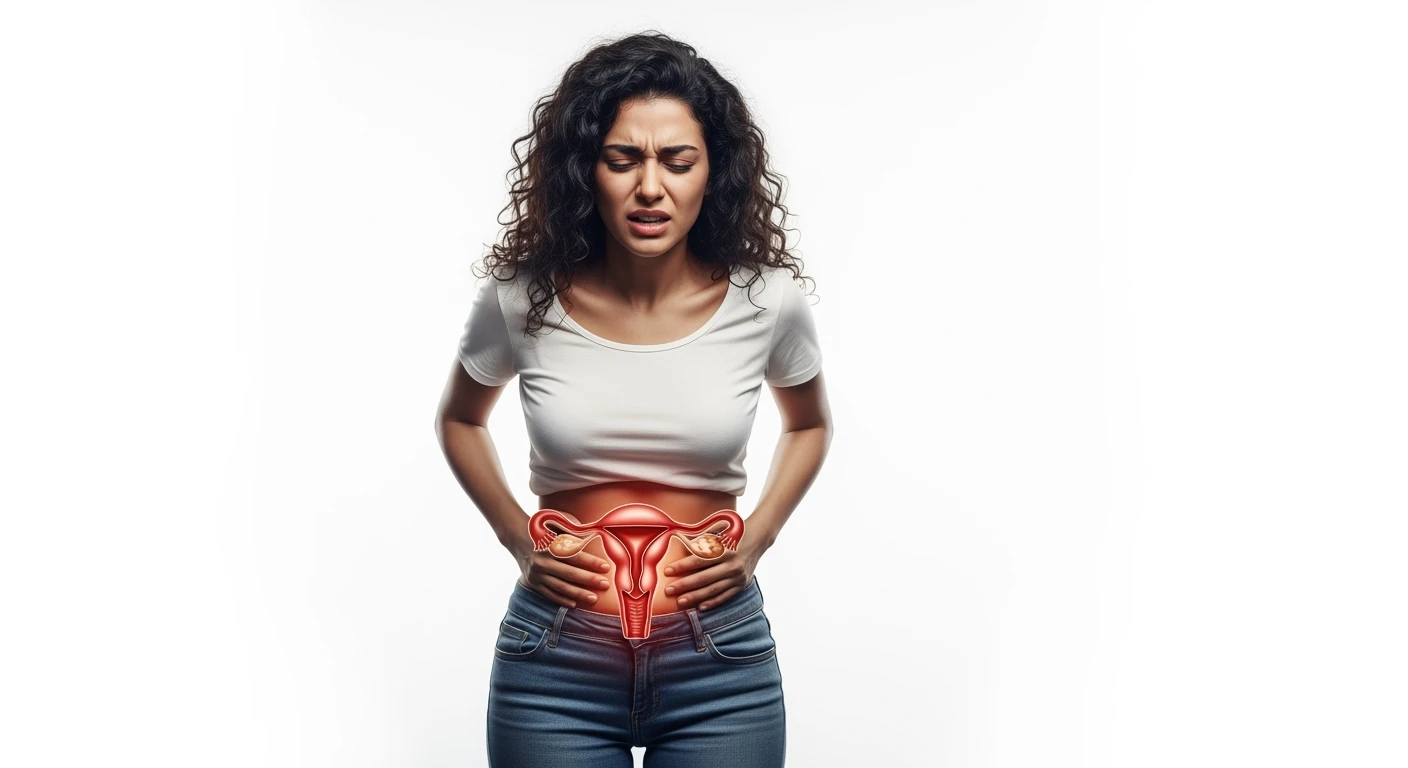 donna a figura intera con utero umano realistico in 3d in evidenza dolorante, espressione di dolore in volto, sfondo bianco, non farla computerizzata, ma iperrealistica 4k, sfondo bianco emoji