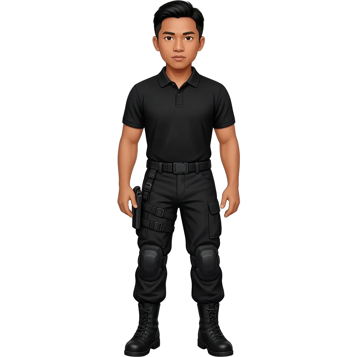 Filipino man black polo shirt and black fatigue combat pants with holster belt and black combat boots emoji