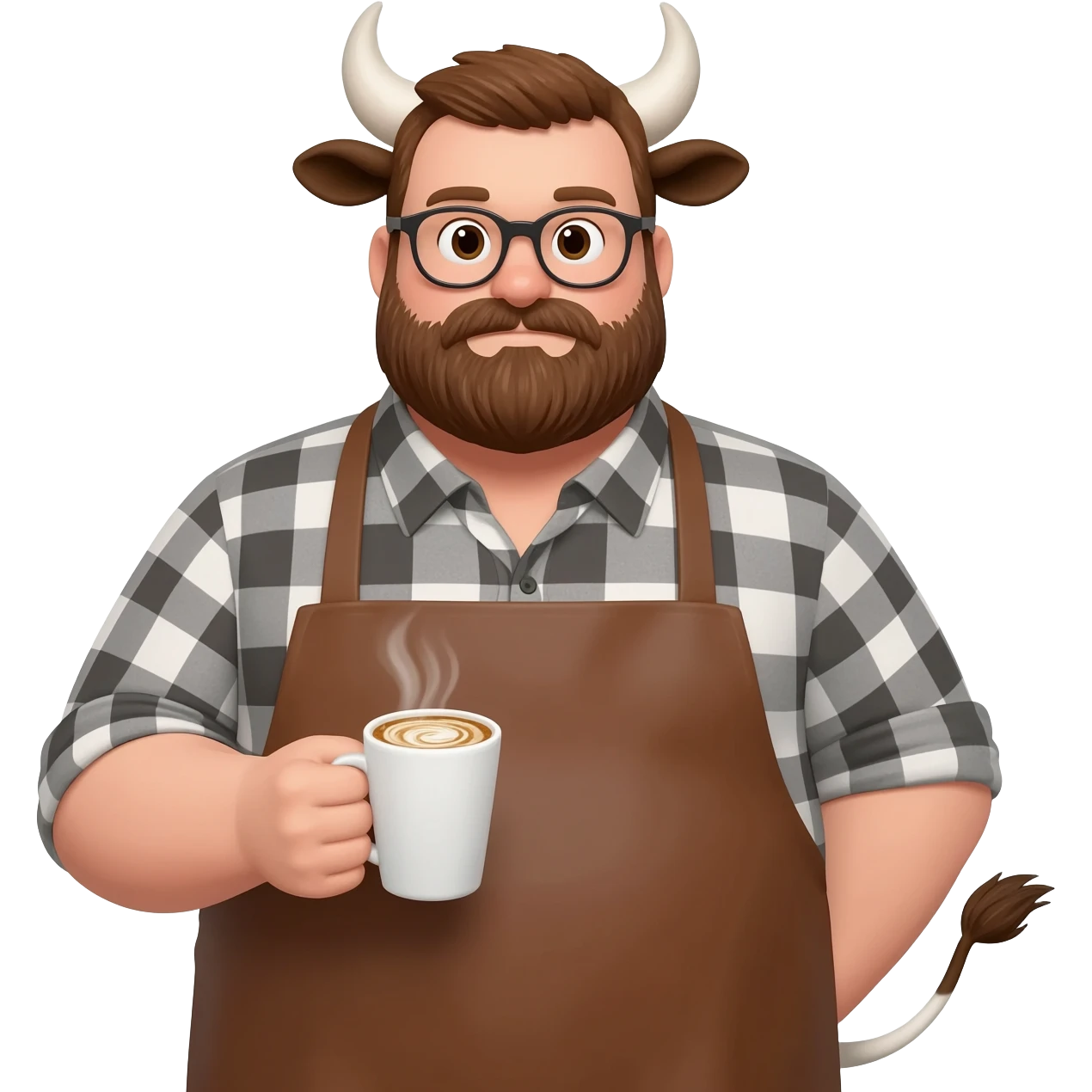 big buff man in a checkered shirt with beard in glasses with extra large fat tits with cow ears and cow tail dressed like barista in brown apron with latte in his hand emoji