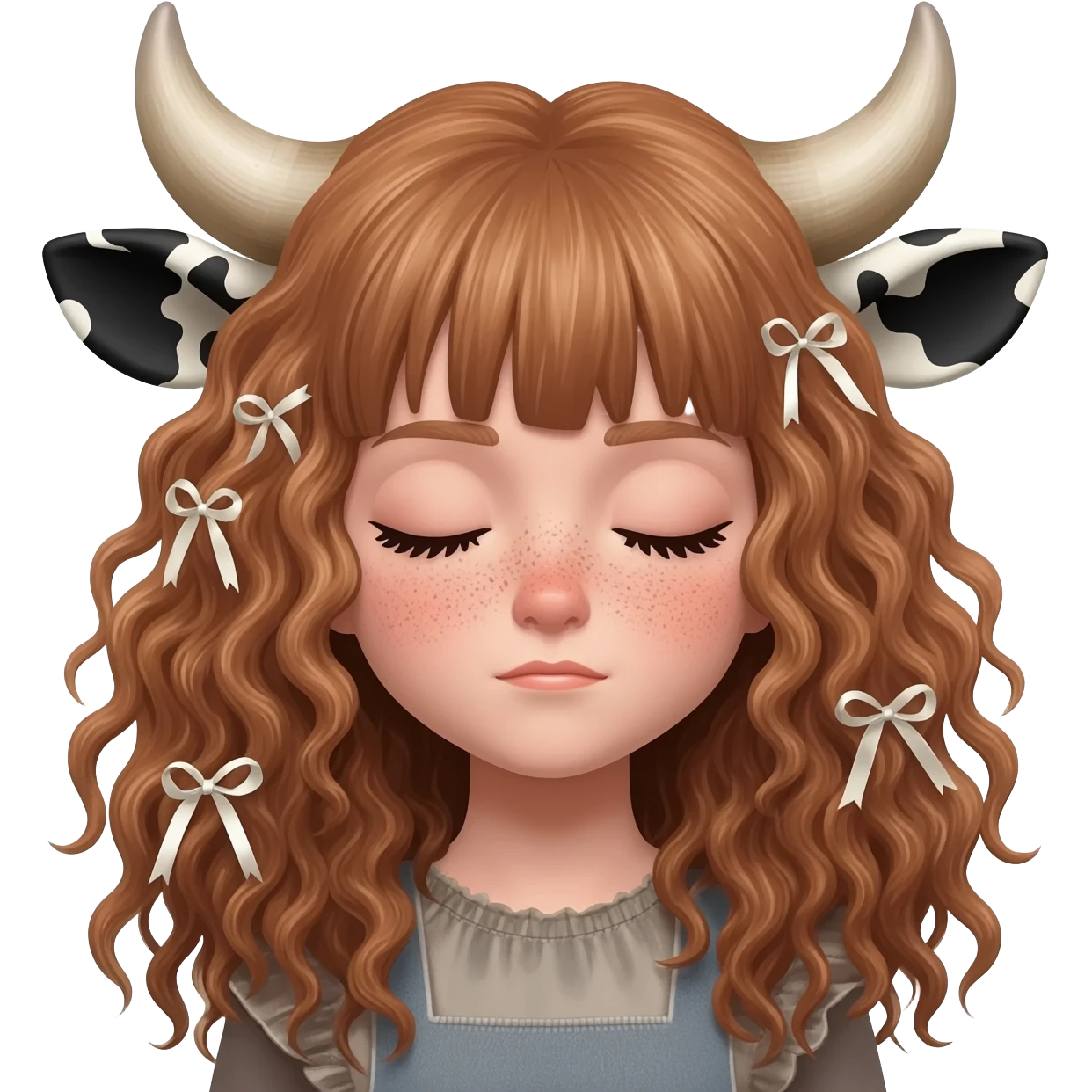 curly girl with freckles with messy light brown bangs covering the eyes with cow horns and cow ears with ribbon in her hair emoji