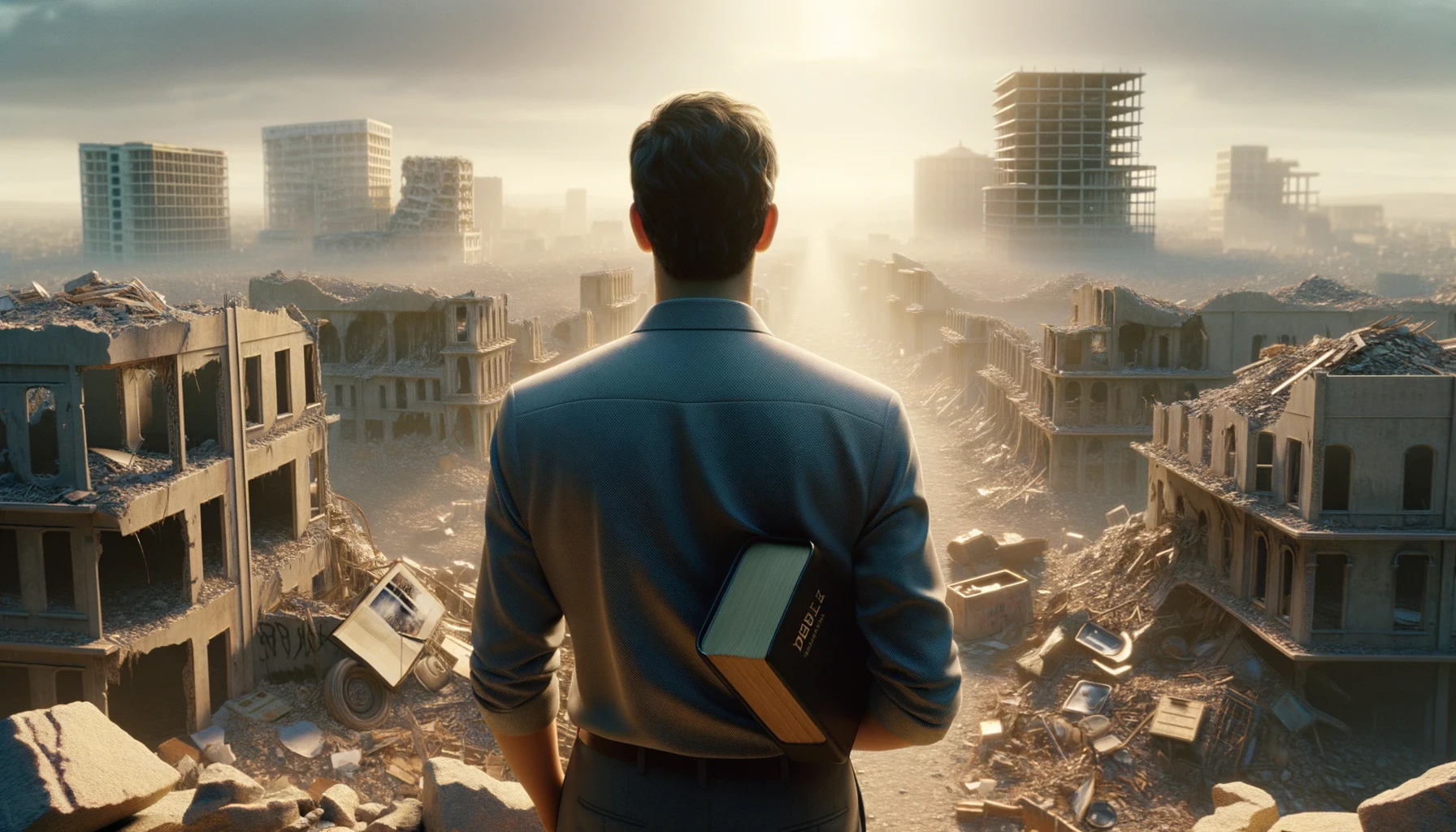 UOMO DI SPALLE DAVANTI AD UNA CITTà SMANTELLATA SENZA MURA CON UNA BIBBIA IN MANO, GUARDA LA CITTà, IPERREALISTICO 4K emoji