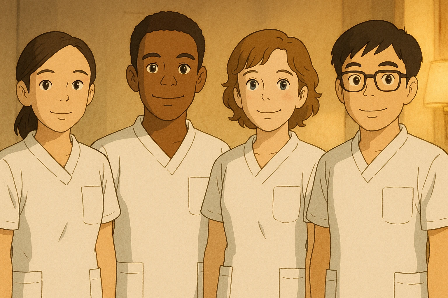 Four nursing students standing side by side, inspired by four referenced faces, in Ghibli style, wearing short-sleeved white medical uniforms without collars, no undershirts or stethoscopes. The tops are medical tunics with V-neck collars and a left chest pocket. Warm indoor ambiance. emoji
