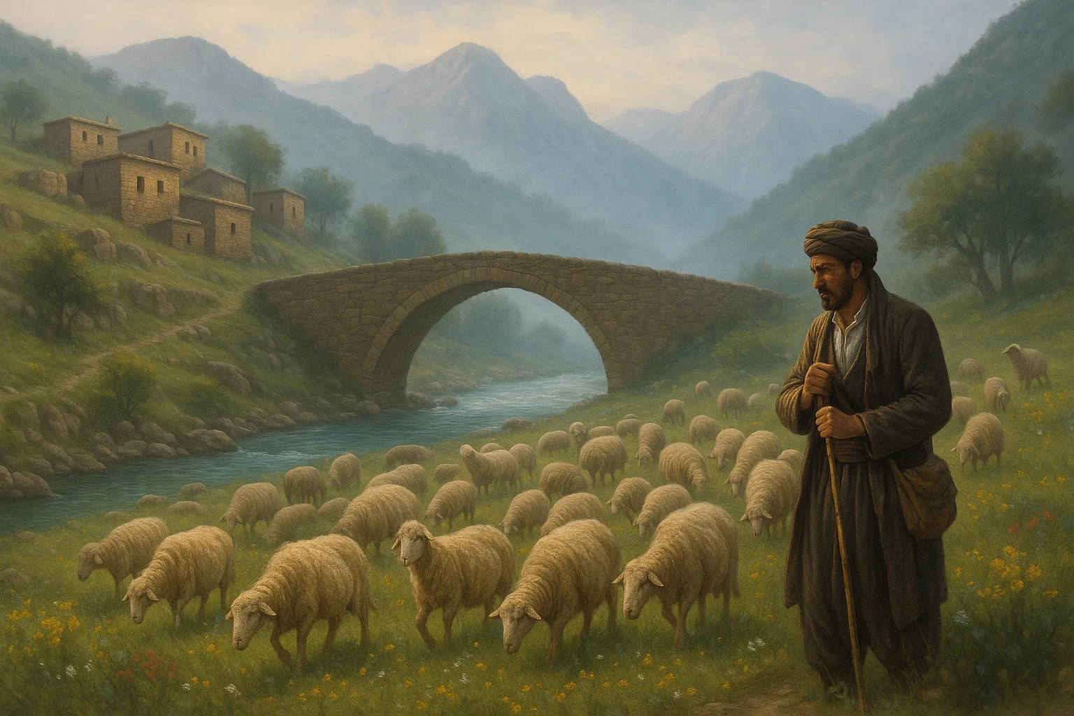 کوردی rural village scene, Kurdish shepherd with flock of sheep, old stone bridge, river, wildflowers, mountainous landscape, early morning mist emoji
