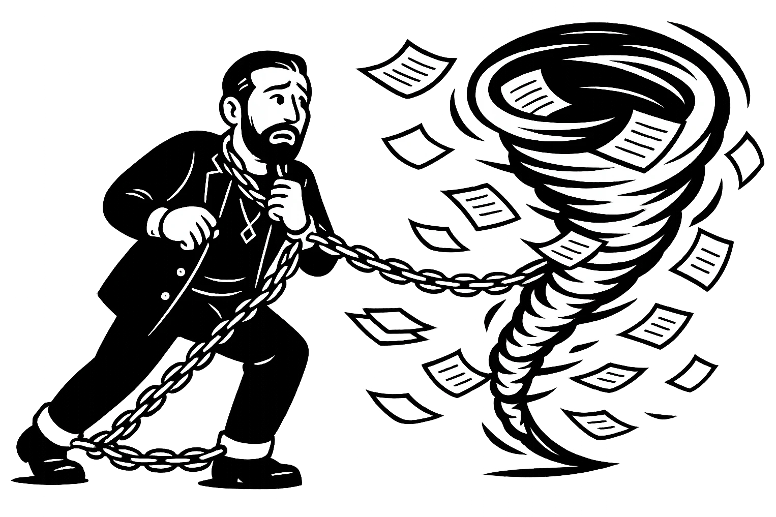 Используя такую стилистику сгенерируй героя в образе раба, закованного в кандалы и цепи идут в огромный ураган из бумаги, который символизирует бумажную рутину, прозрачный фон emoji