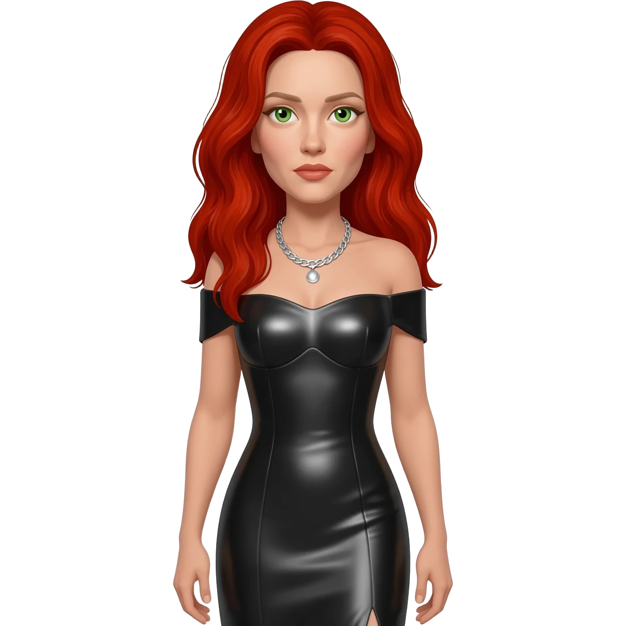 Scarlett Johansson with green eyes, long red hair, black metallic off shoulder long dress, silver necklace emoji
