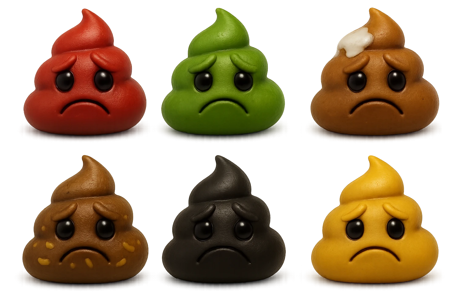 emoji stile iphone 3d di una cacca di colore rosso, una cacca di colore verde, una cacca di colore marrone con muco bianco visibile sopra,  una cacca di colore marrone con penne di pasta a pezzetti visibili all'interno di essa,  una cacca di colore nero e una cacca di colore giallo, tutte le cacche hanno un espressione triste, iperrealistiche 4k emoji