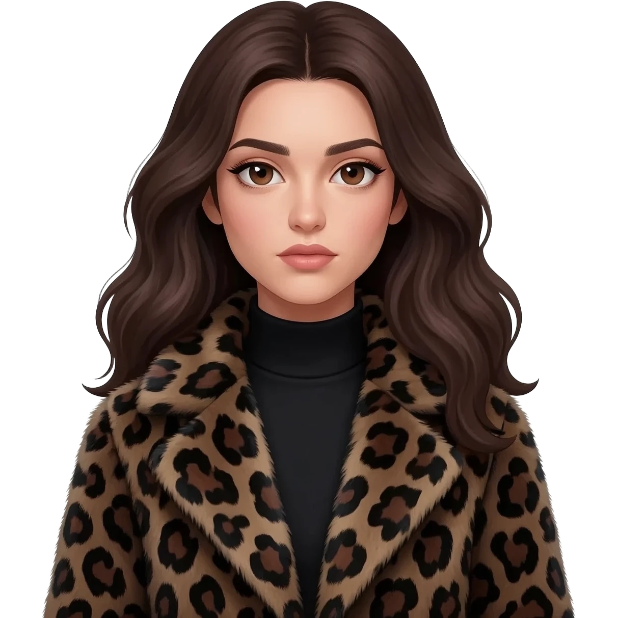 kitten grey colour inarms A stylish young woman with long, wavy dark brown hair and defined, expressive eyebrows. She has deep brown eyes with a calm, aesthetic gaze. She is wearing a chic, oversized dark leopard-print faux fur coat.modern, high-fashion, and slightly mysterious vibe.8k resolution. emoji
