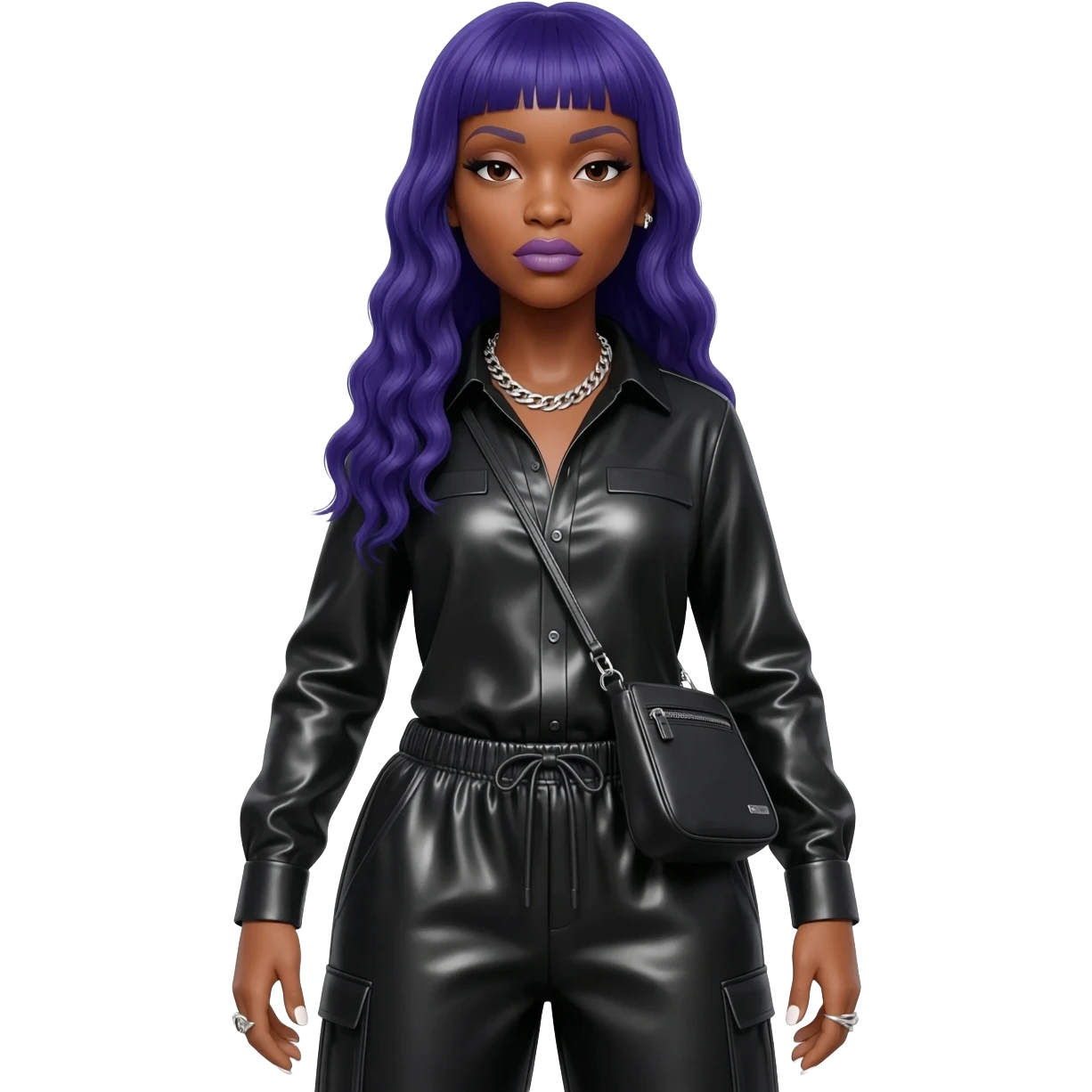 Missy Elliott with indigo hair, black metallic shirt, black metallic baggy pants, silver necklace emoji