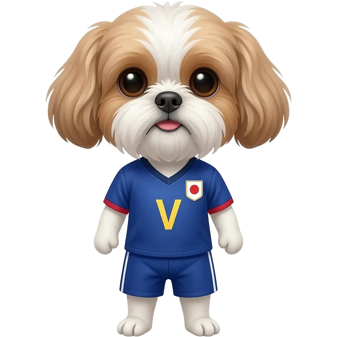 white and light brown shih zhu wearing a Japan soccer jersey v neck 2026 work cup emoji
