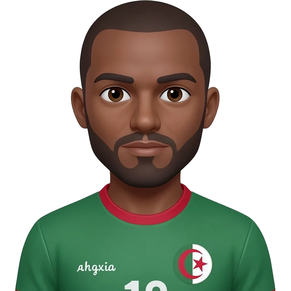 homme métisse algérien français 38 ans brun cheveux courts petite calvitie et barbe avec maillot foot Algérie emoji