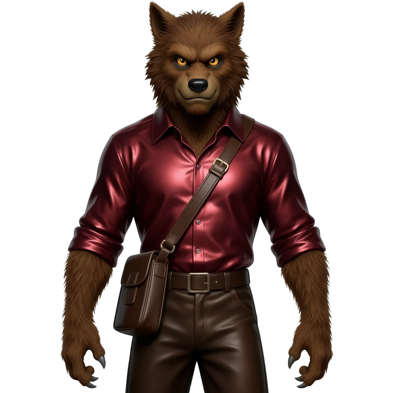 The Woldlfman from Universal Monsters with brown fur, dark red metallic shirt, dark brown metallic baggy pants emoji