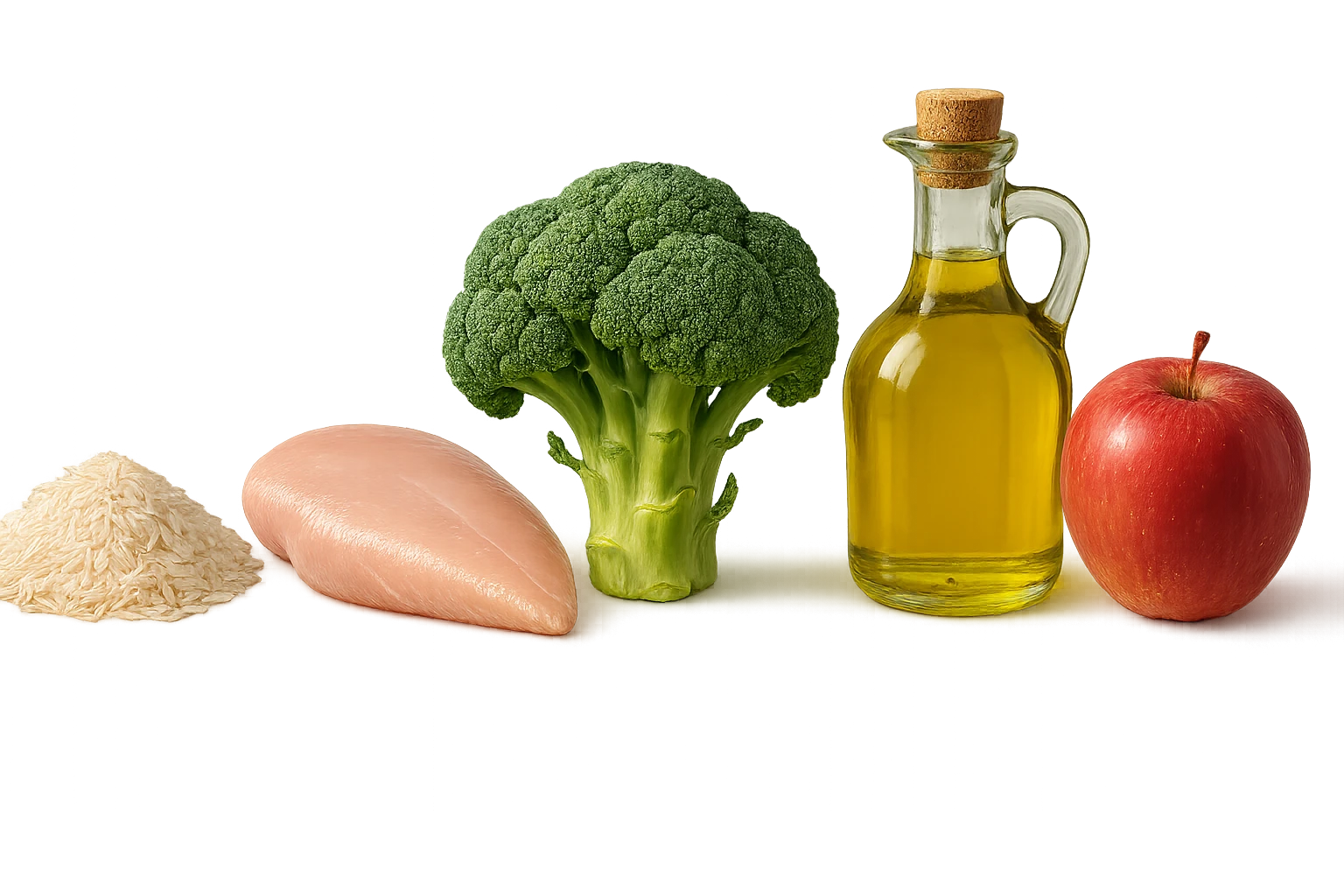 Riso basmati
Petto di pollo
Verdura fibrosa verde
Olio EVO
Mela
vista frontale, iperrealistico 4k emoji