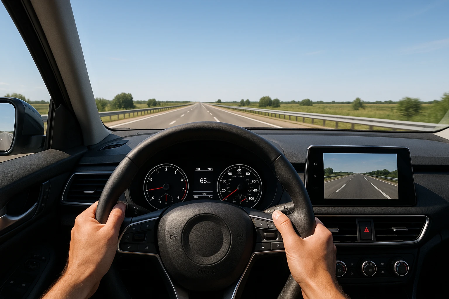 first person perspective from inside a car, hands on wheel, highway visible through windshield, modern dashboard emoji