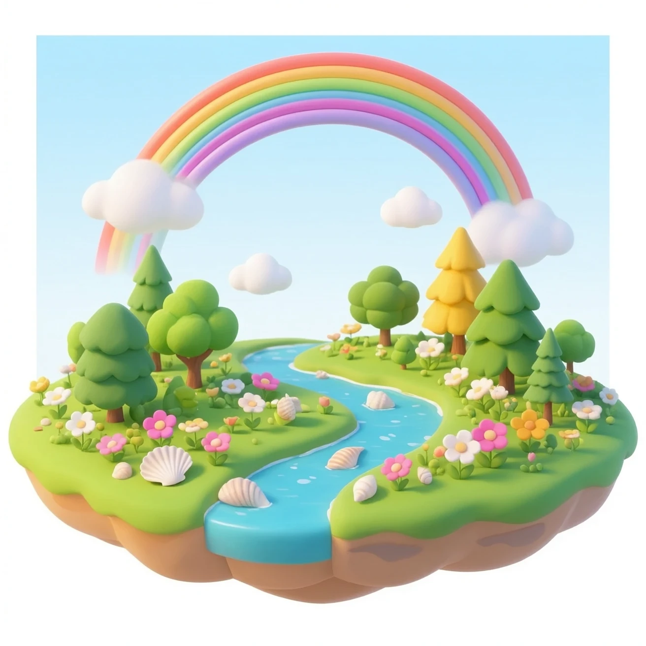 Floating island, mirco-detailed, different type of trees, 6 colors in a  rainbows in sky, lots of vivid big oversized flowers, Off white seashells, soft magical lighting, 8K, no emoji icons, no emoji faces, still life emoji