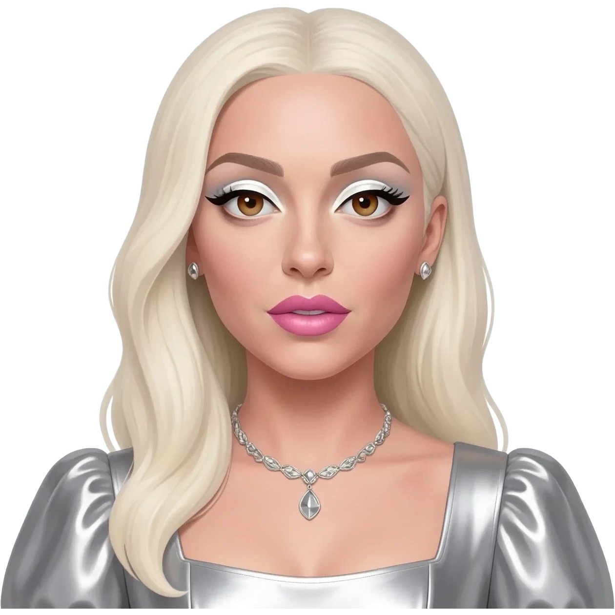 Lady Gaga with hazel eyes, long platinum blonde hair, white eyeshadow, pink lipstick, silver metallic queen anne dress, silver necklace and earrings emoji