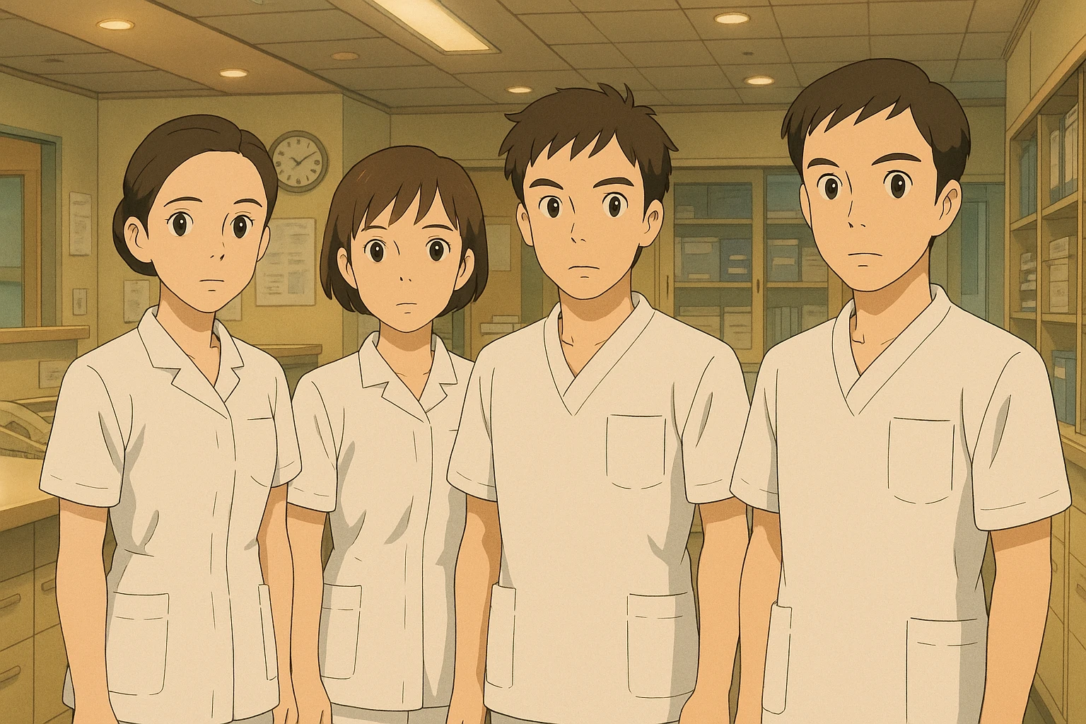 Group of four nursing students based on new photos, in a care station, Ghibli style, white short-sleeve medical uniforms with V-neck and left chest pocket, no stethoscopes, no clothing under sleeves, professional ambiance. emoji